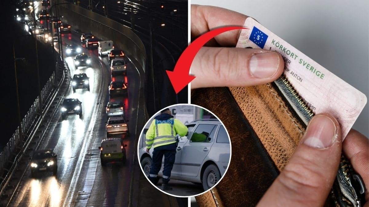 Bilkö på en bilväg och svenska körkortet, samt en poliskontroll.