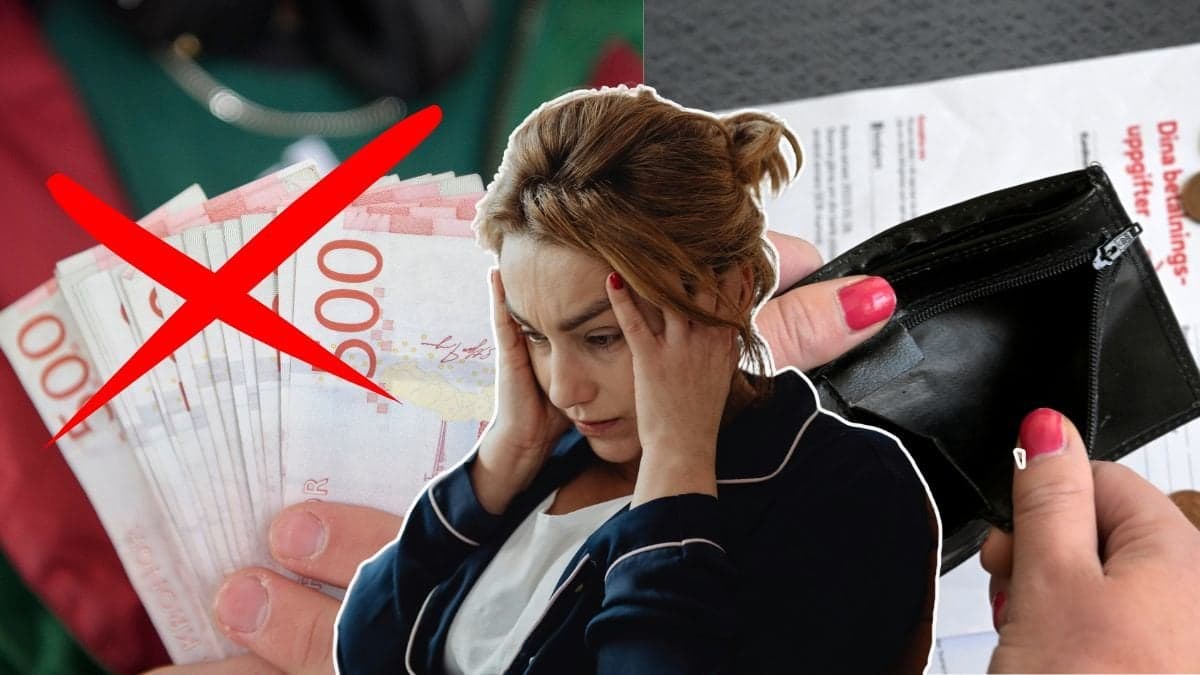 Pengar, tom plånbok och en oroad kvinna.
