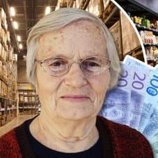 Äldre kvinna, svenska sedlar och matbuik
