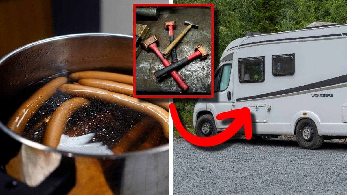 Bilden till vänster visar korvar som kokas i en kastrull. Bilden i mitten visar några hammare. Bilden till höger visar en husbil.