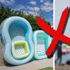 Bilden till vänster visar simbassänger uppradade. Bilden till höger visar en man som duschar i en utedusch.