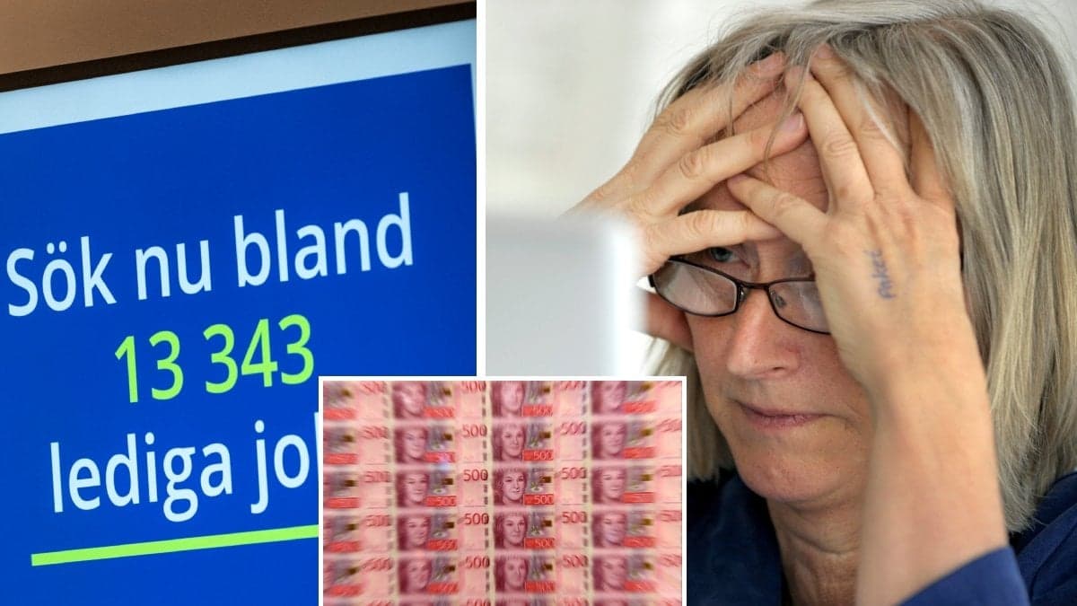 Reklam från Arbetsförmedlingen och fundersam medelålders kvinna framför en dator.