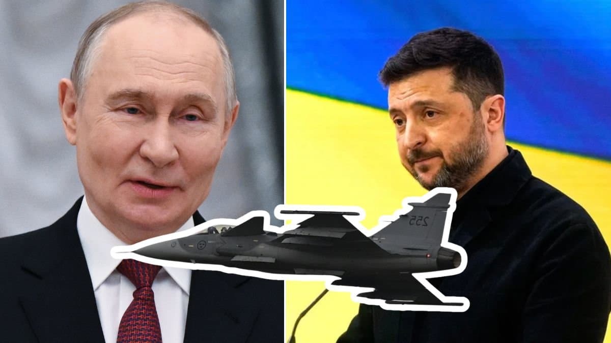 Putin, krigsflyg och Zelensky.