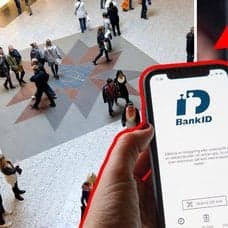 Folkmassa vänster. Inzoomad bild på arm med polisbricka till höger. En utklippt bild på en mobil med Bank-ID loggan i mitten.