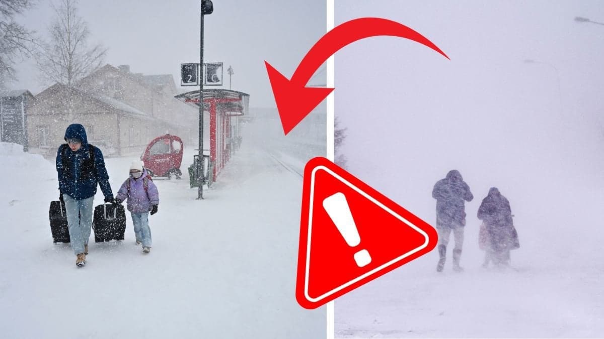 Personer i storm till vänster och höger. En utklippt röd varningsskylt i mitten. 