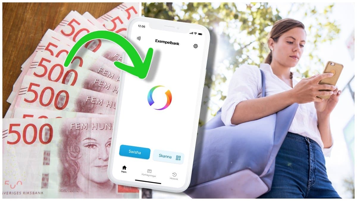 Femhundralappar på ett bord, Swish-appen och en kvinna med mobiltelefon