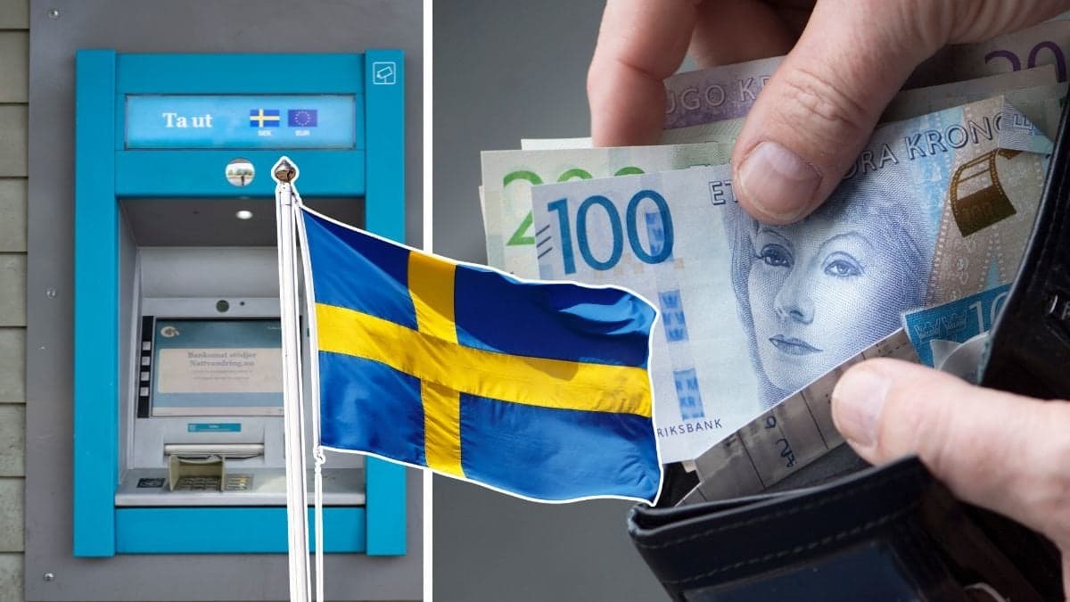 Bankomat, svensk flagga och plånbok med sedlar. 