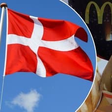 Bild på en av McDonalds hamburgare och en dansk flagga.