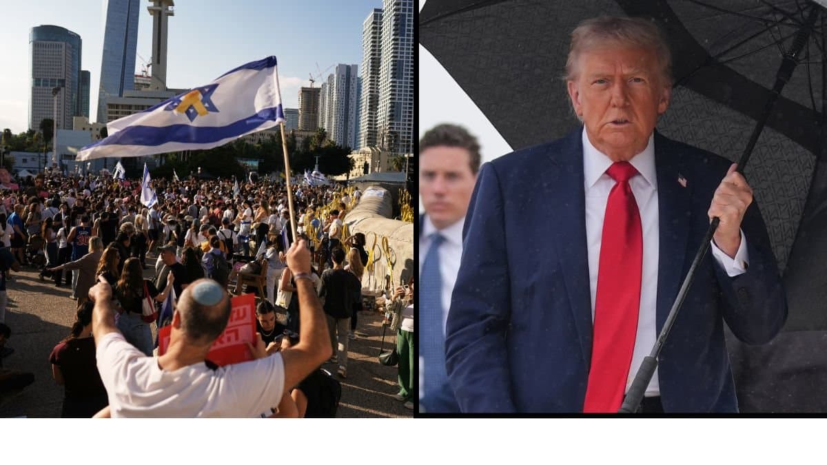 President Donald Trump talar med reportrar innan han kliver ombord flygplanet med destination Israel. 