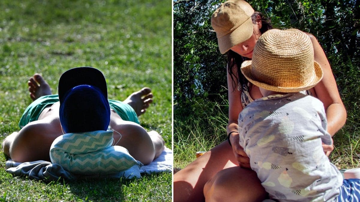 Man som solar på gräsmatta och mamma med barn på strand i solen. 