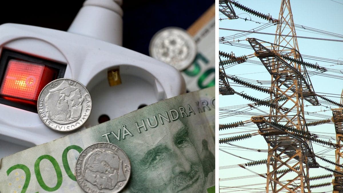 Pengar som ligger över ett kontaktuttag vänster. Elnät-mastar höger.