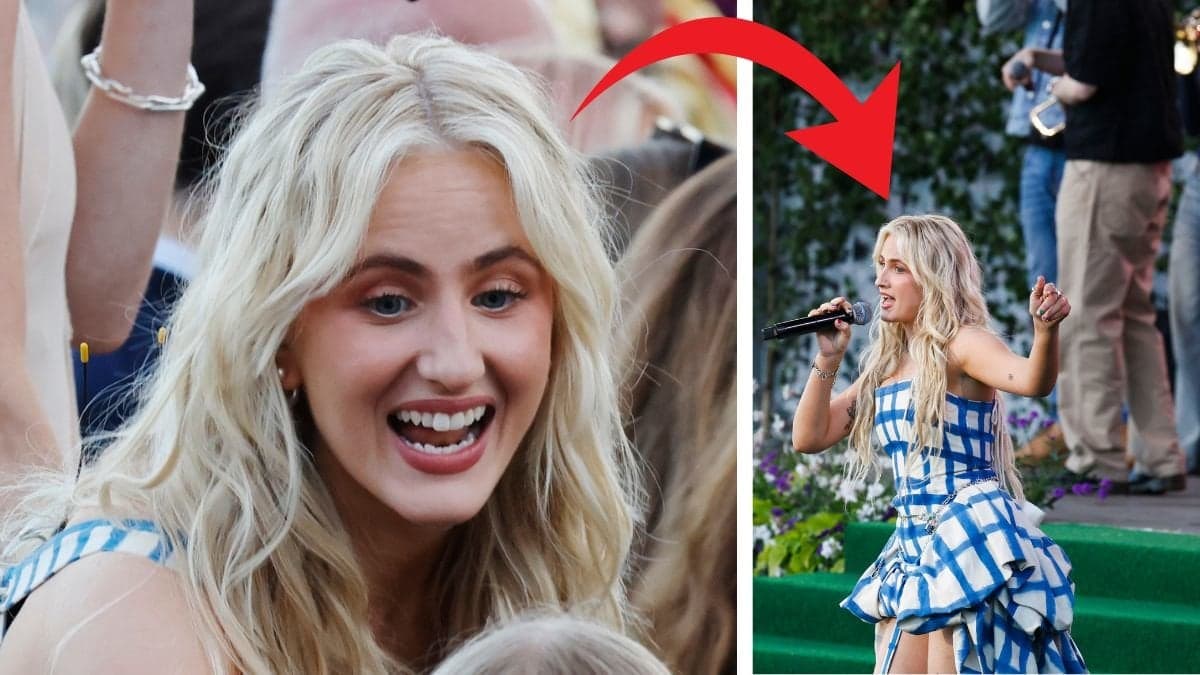 Fanny Avonne närbild vänster, utzoomad bild på Fanny Avonne på allsång på skansen till höger.