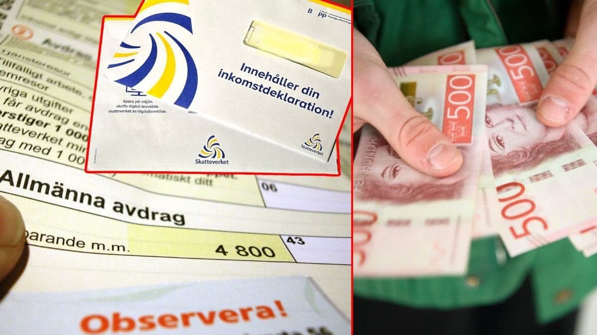 Ett kuvert från Skatteverket med deklarationen, en deklarationsblankett samt en person som håller i pengar.