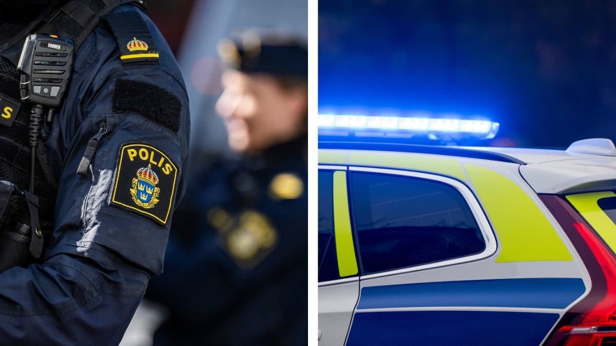 Polisarm vänster. Polisbil med blåljus höger.