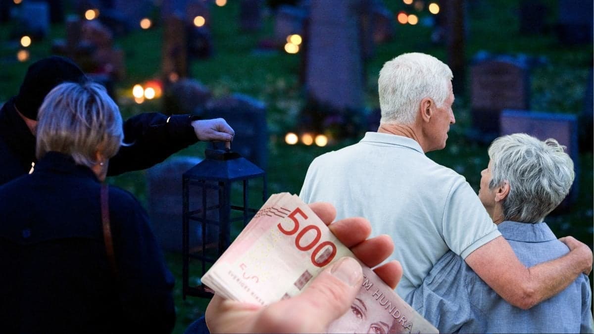 Kyrkogård, äldre par som håller om varandra och femhundralappar i en hand.