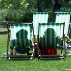 Två personer i solstolar i motljus i en park och ett flera människor på håll som solar på en gräsmatta.