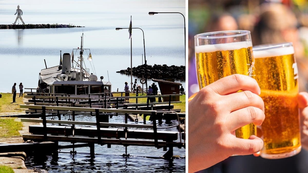 Bild på Göta kanal och några som skålar med öl.
