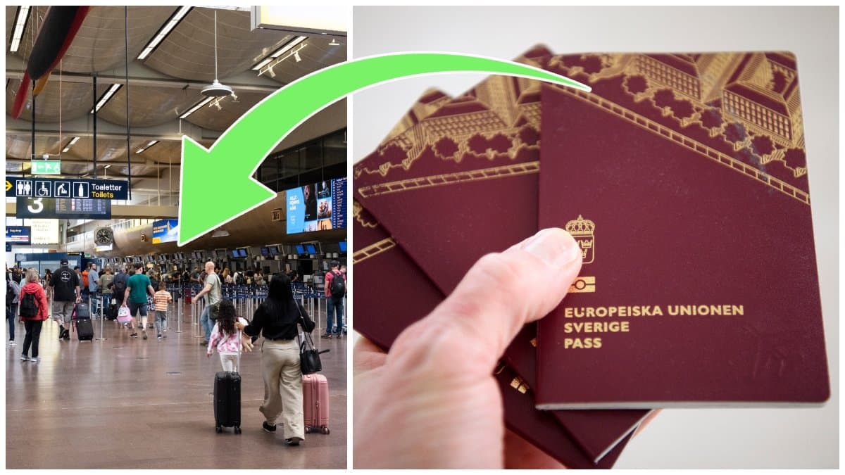 Resenärer med väskor på Arlanda flygplats och svenska pass i en hand