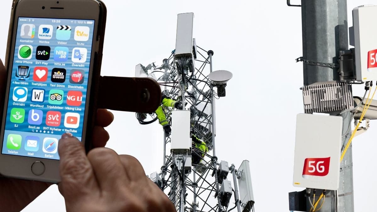 Mobiltelefon, mobilmast och 5G-mast.