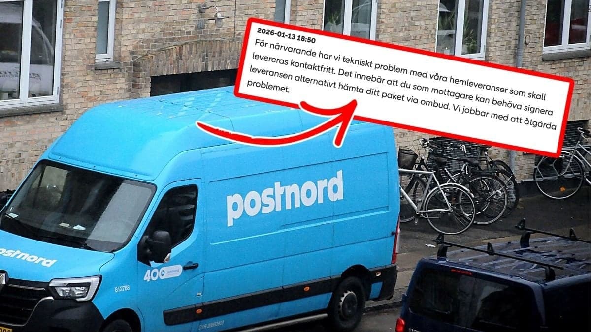 Postnord-bil och Postnords störningsmeddelande