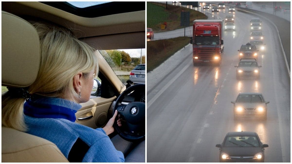 En kvinna som kör bil och en motorväg.