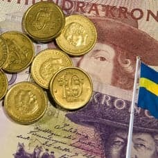 Kontanter, svenska sedlar, svensk flagga och en plånbok.