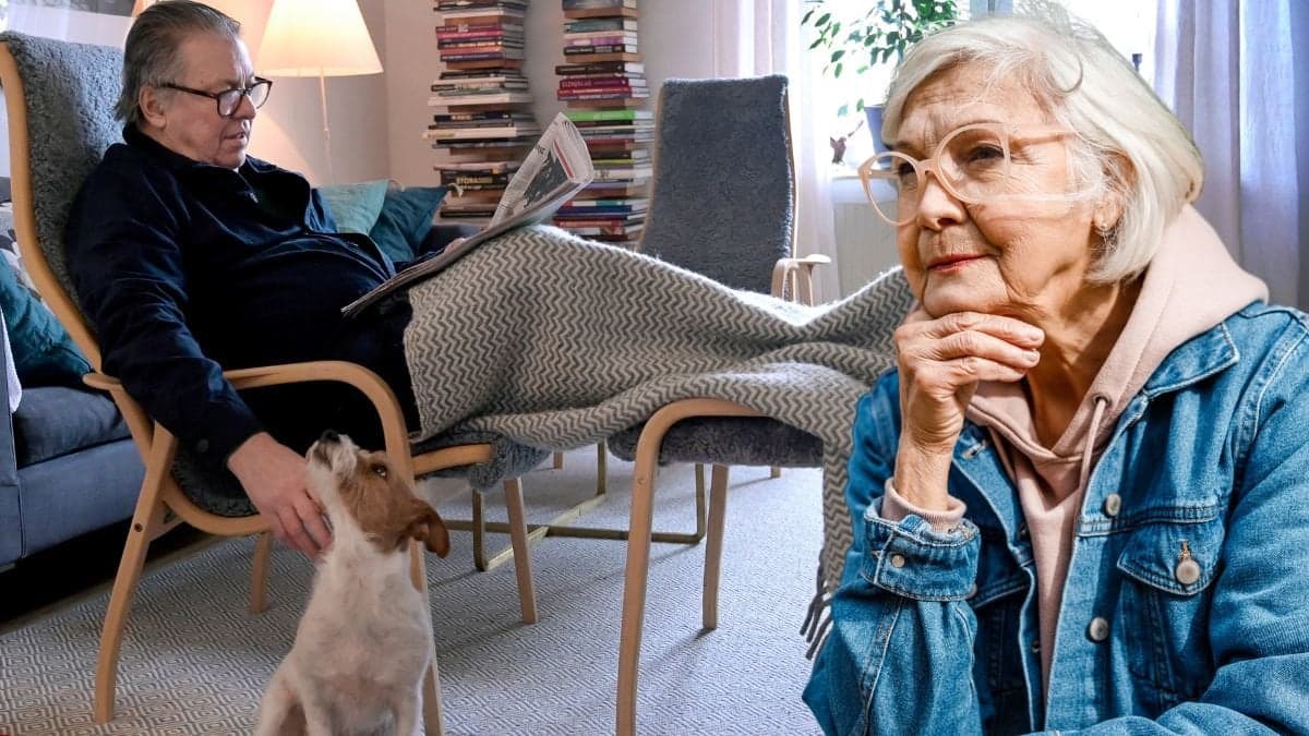 Äldre man i en fåtölj och en kvinna som funderar.