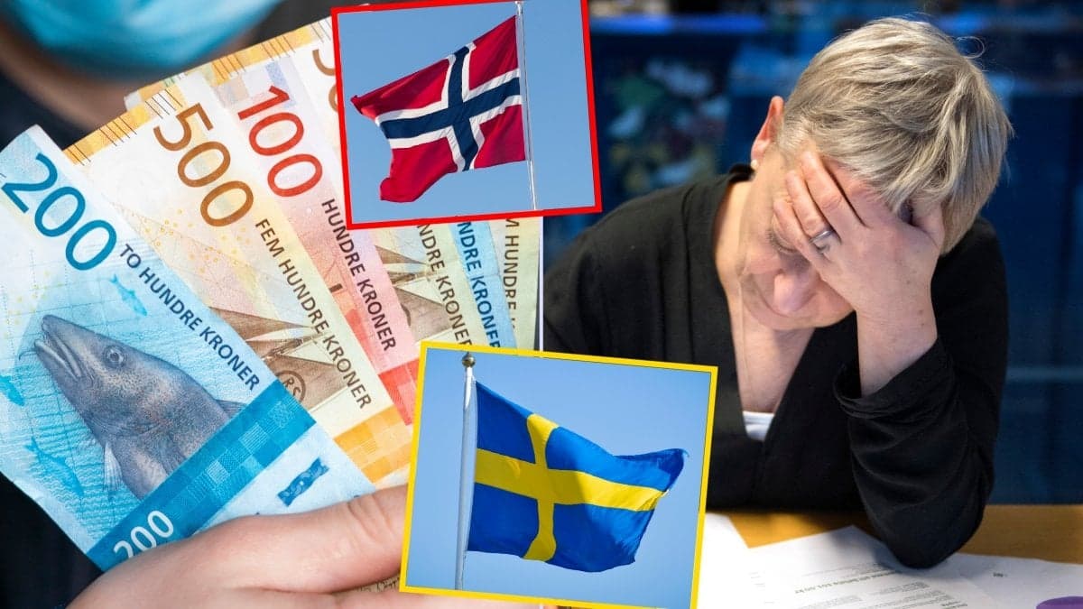 Norska pengar, kvinna och norska och svenska flaggan.
