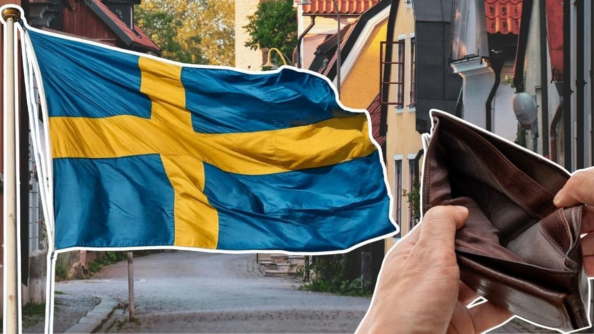 Hus, svenska flaggan och en tom plånbok.