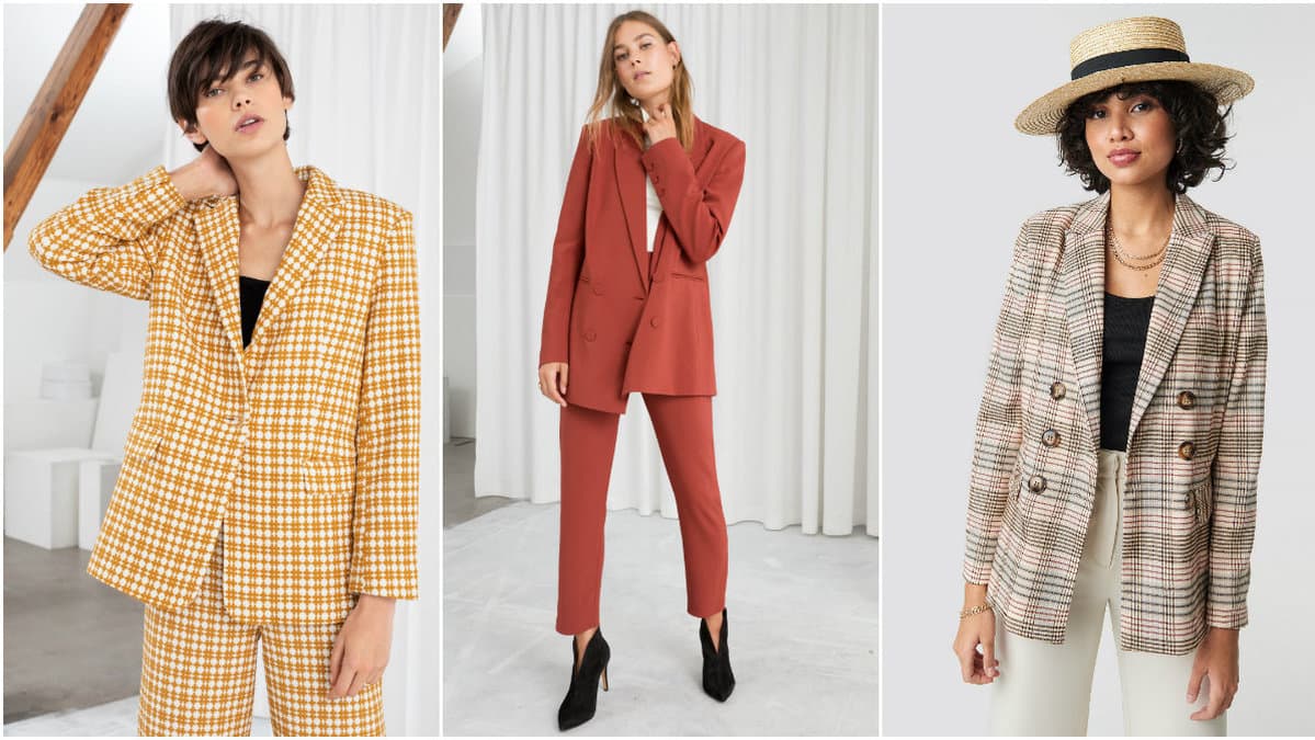 Kavaj i gult, tjej med matchande set, beige kavaj.