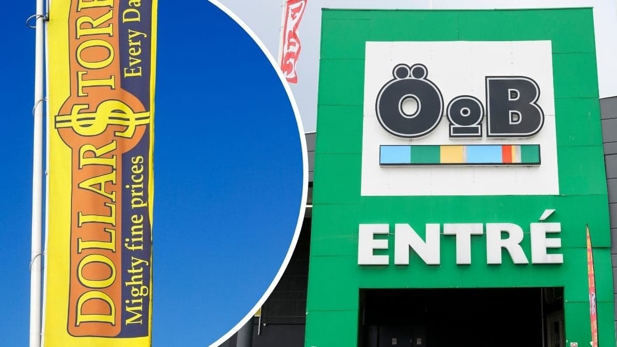 Bilder på Dollarstore-flagga och en ÖoB-entré.