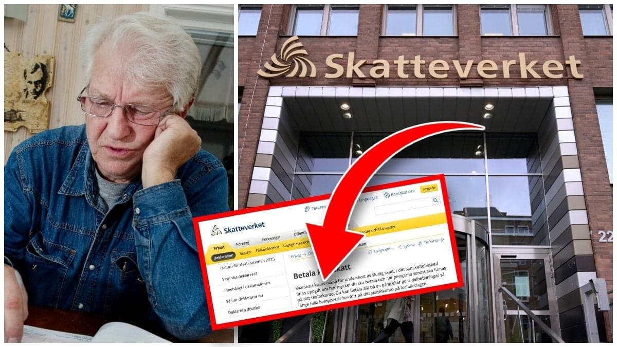 Äldre man som tittar på papper och entrén till Skatteverkets kontor