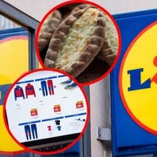 Bilder på Lidl-skylt och finska piroger och Lidl-kläder.