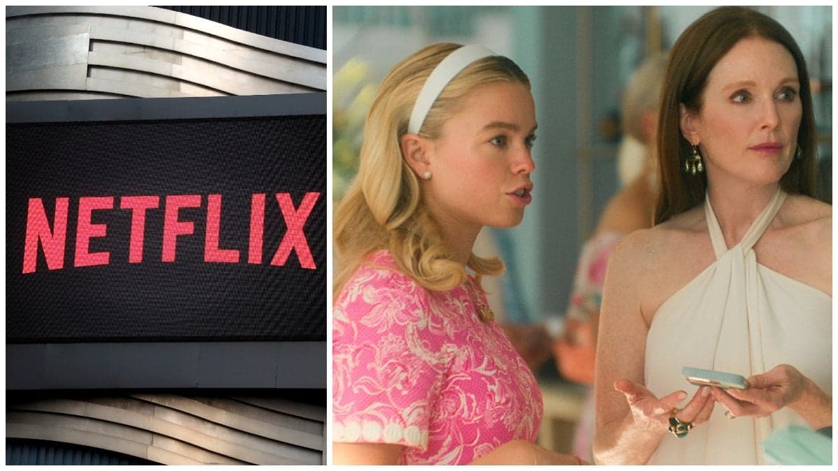 Netflix logga och Milly Alcock tillsammans med Julianne Moore.