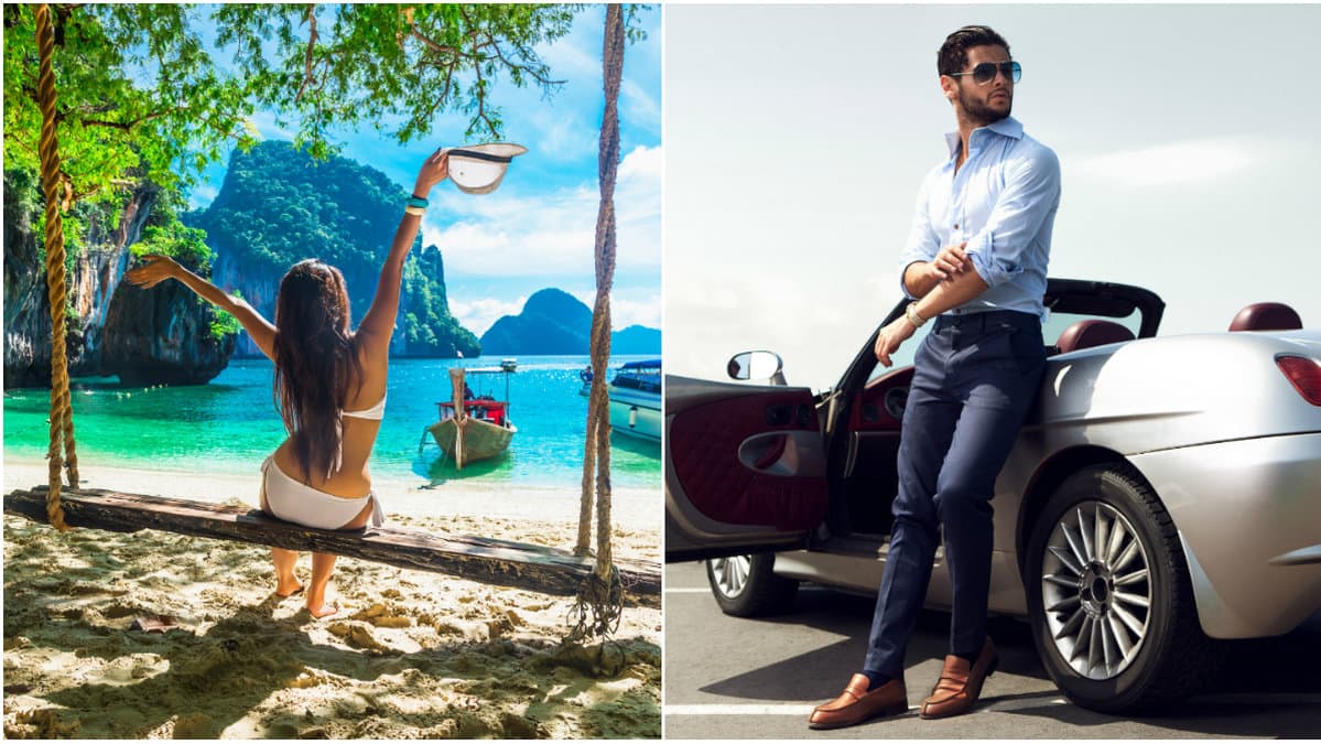 Tjej på paradisstrand och kille med lyxbil