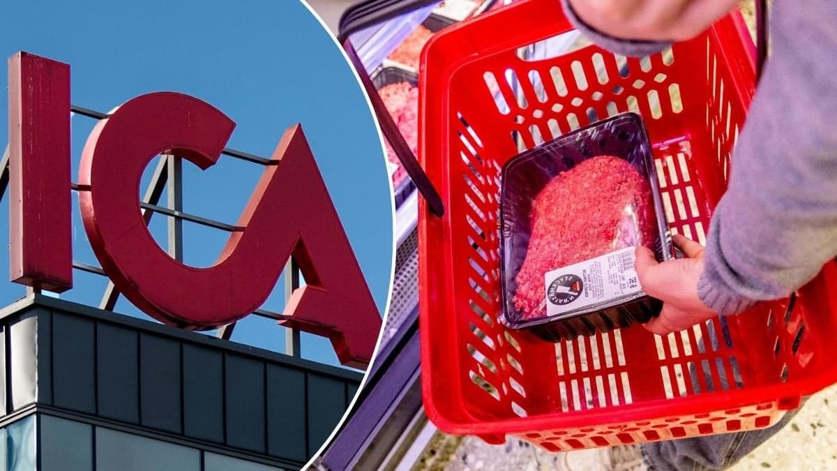 Bilder på en kundkorg med köttfärs och en Ica-skylt.