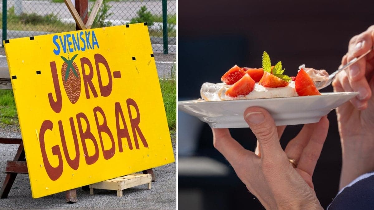 En skylt där det står svenska jordgubbar och en tallrik med jordgubbar som en kvinna äter ifrån.