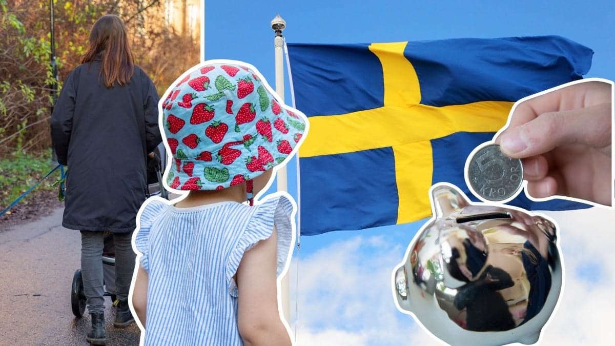 Förälder med barnvagn, litet barn, svenska flaggan och en spargris.