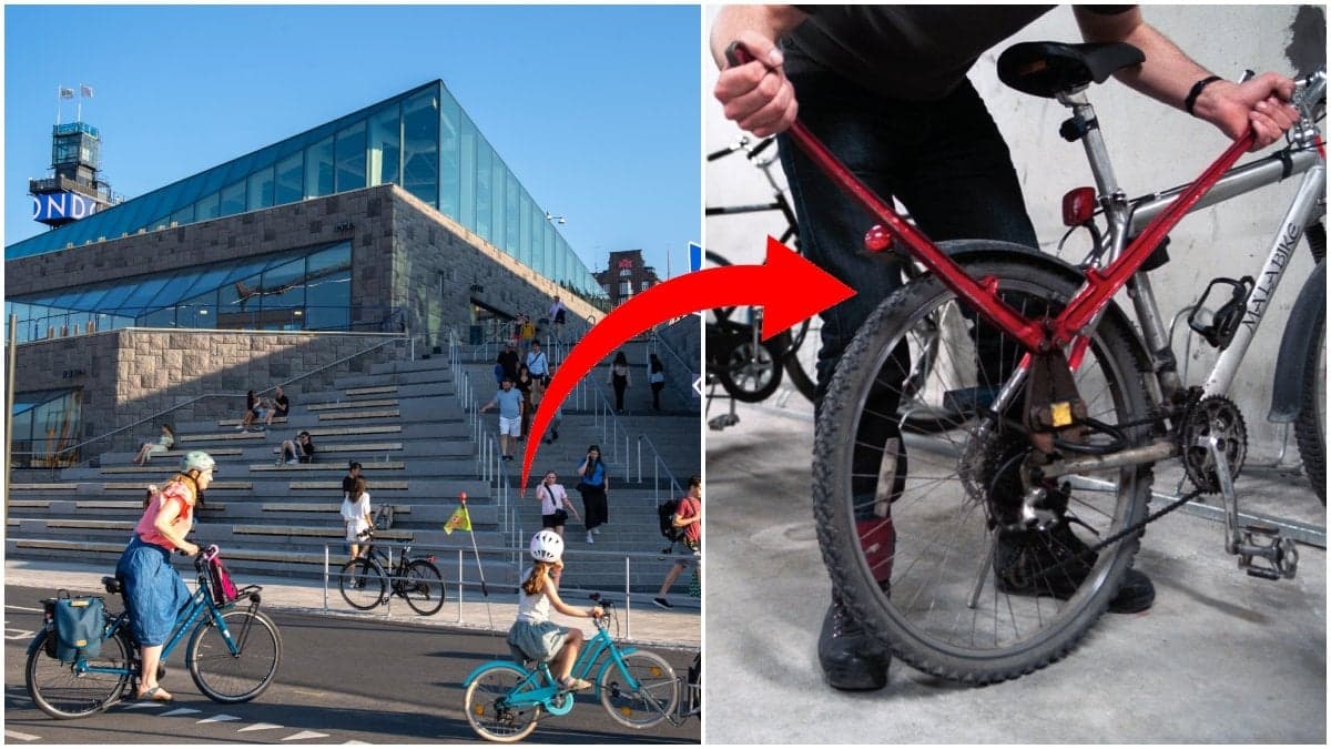 Cyklar vid Slussen och cykeltjuv.