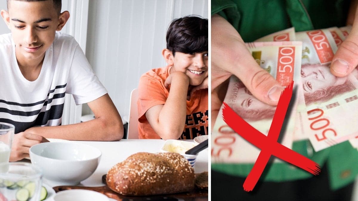 Två ungdomar äter frukost och en man håller i en bunt med 500-kronorssedlar.