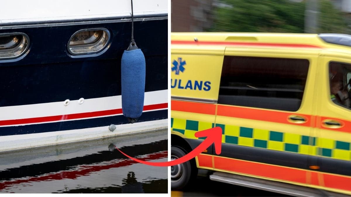 Båt till vänster, ambulans till höger.