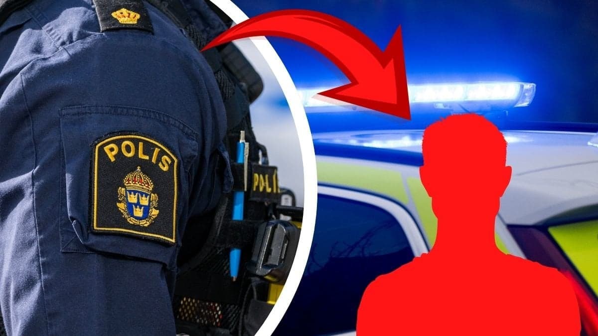 Polis vänster. Blåljus höger. Röd siluett man höger.