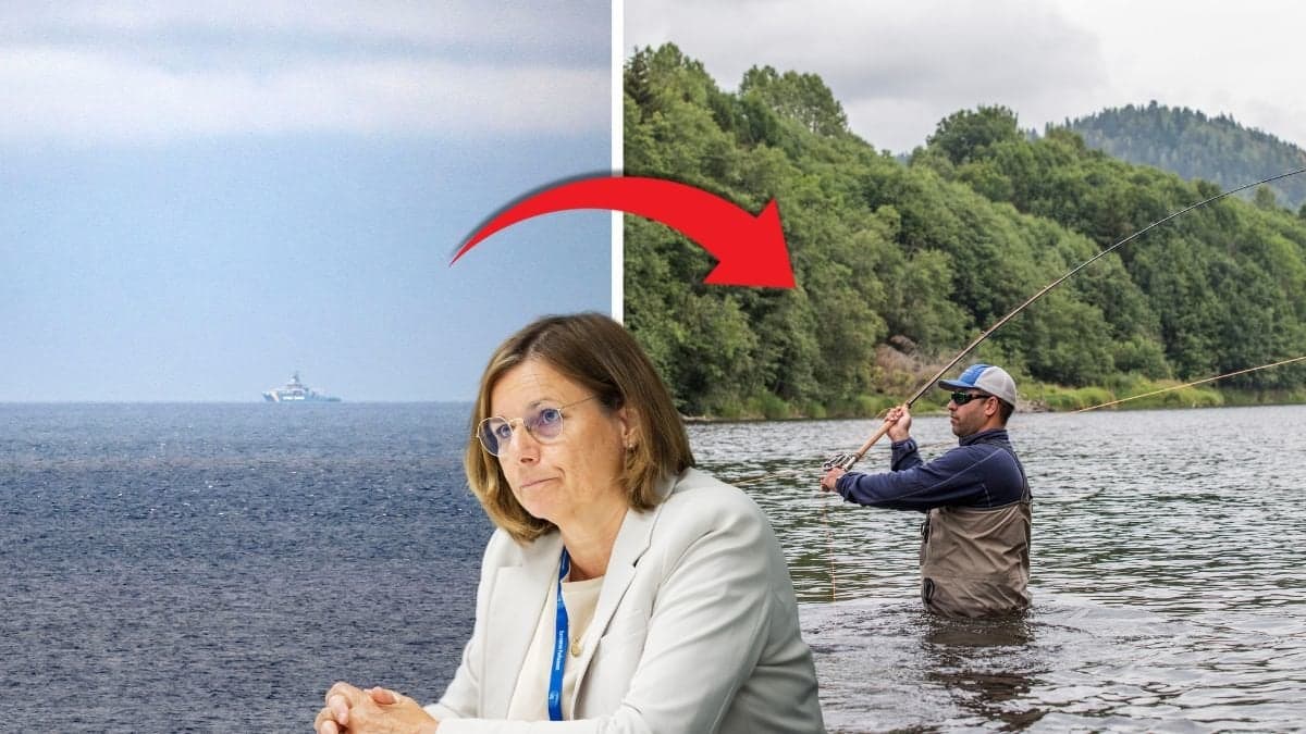 Havet och en man som fiskar, samt miljö Isabella Lövin.