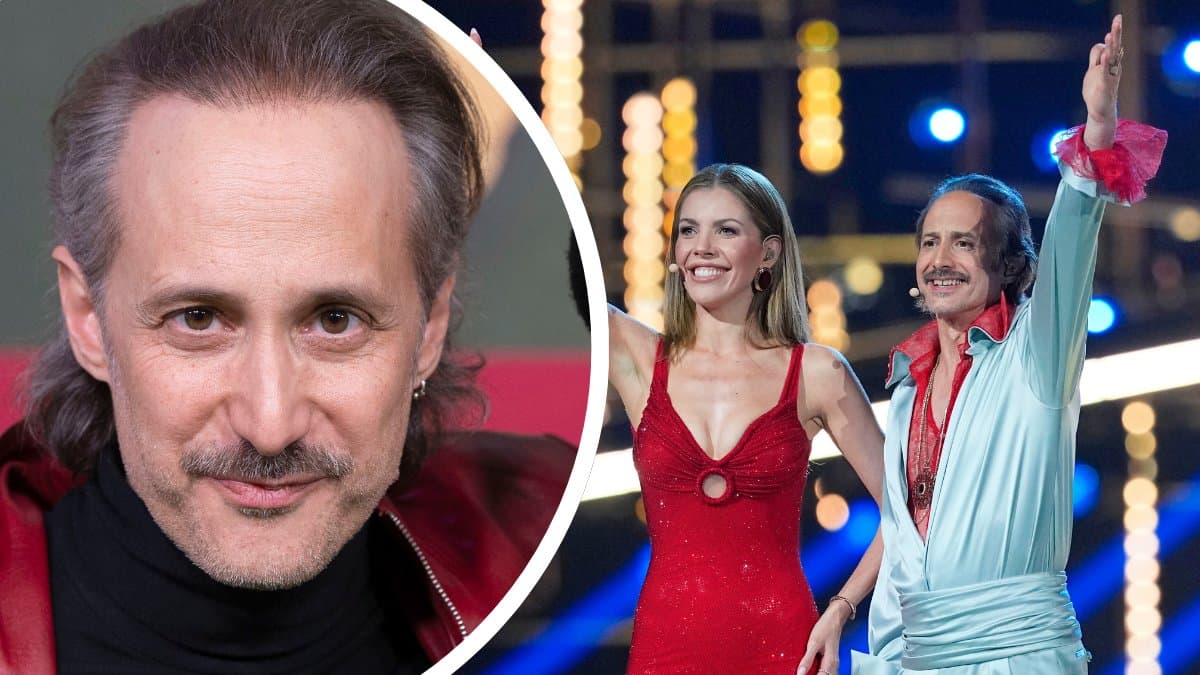 Närbild ​Michael Ostrowski vänster. Victoria Swarowski och ​Michael Ostrowski under semifinal 1 Eurovision till höger.