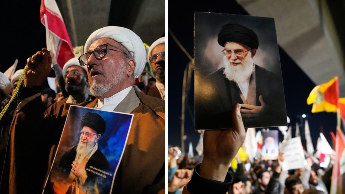man håller en bild på Ayatollah Ali Khamenei till vänster. En ritad bild på Ayatollah Ali Khamenei till höger.
