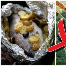 Grilla fisk och grilla kött på en grill.