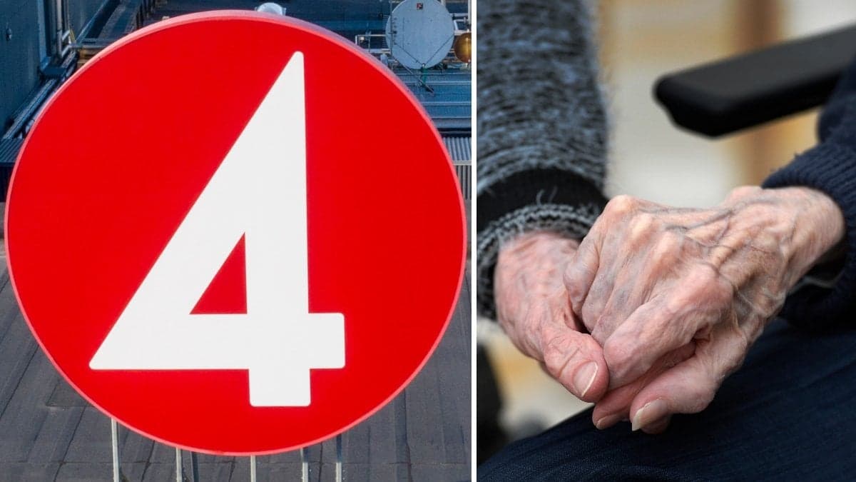 Bild på TV4:s logga och äldre händer.