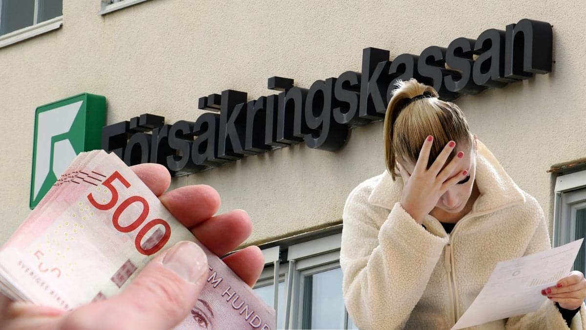 Försäkringskassan, pengar och en kvinna med handen på pannan.