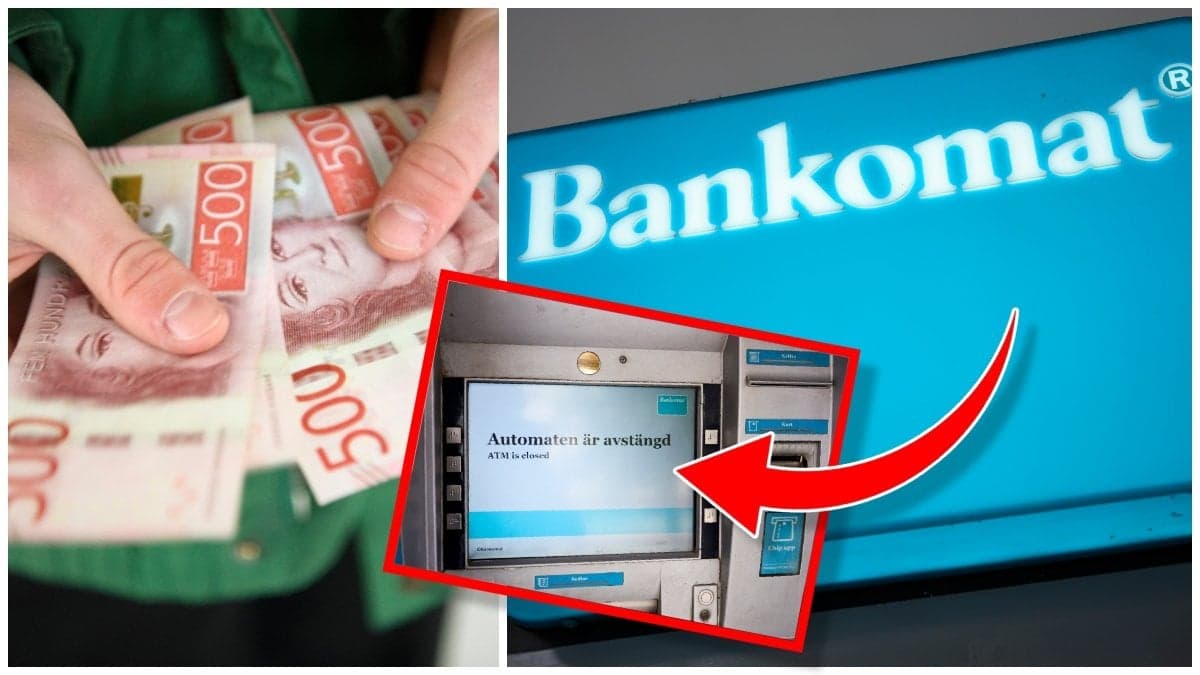 Person med femhundralappar i handen, Bankomat-skylt och en avstängd uttagsautomat