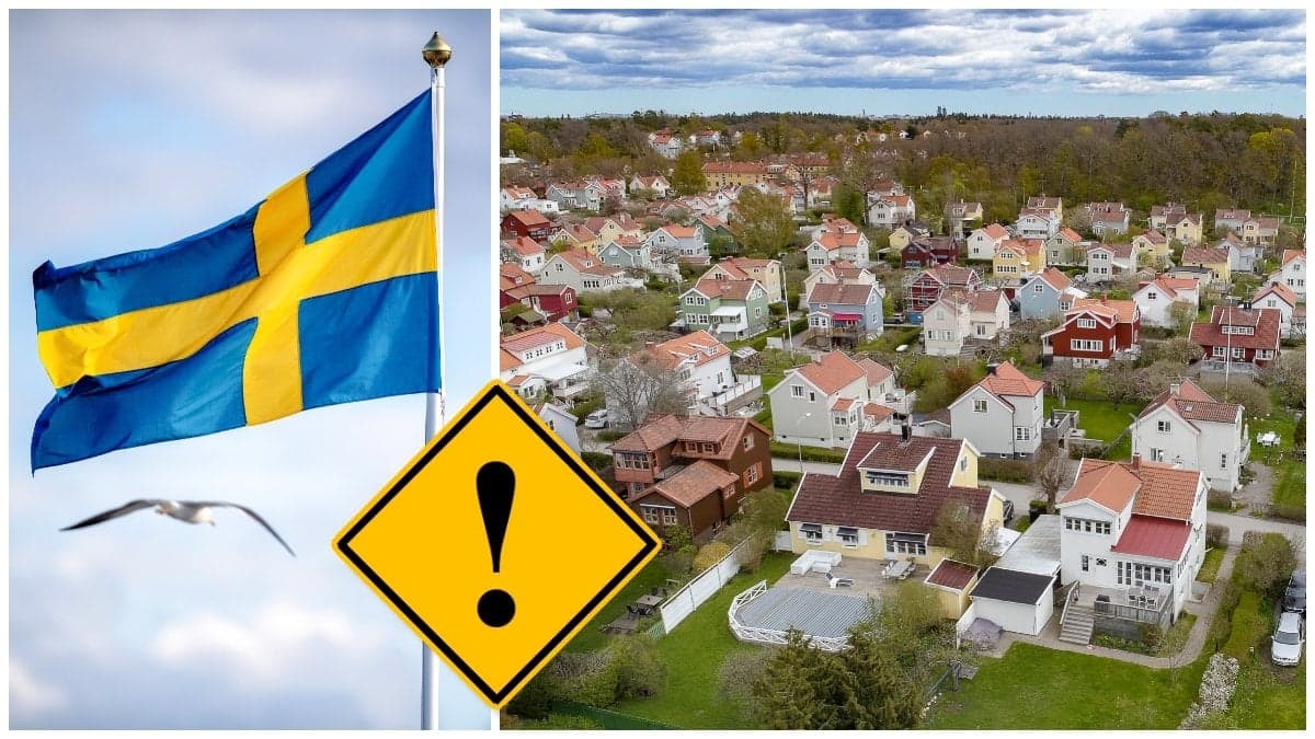 Sverigeflagga och bostadsområde med villor